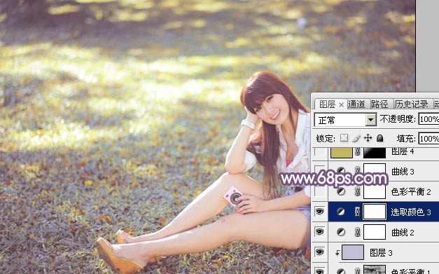 Photoshop为草地上的美女调制明快的秋季蓝黄色