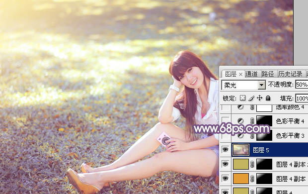 Photoshop为草地上的美女调制明快的秋季蓝黄色