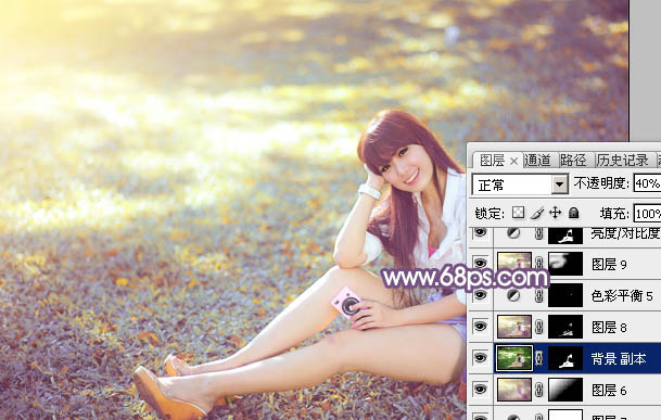 Photoshop为草地上的美女调制明快的秋季蓝黄色