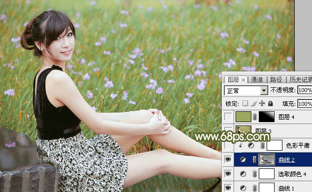 Photoshop调出唯美的黄绿阳光色花丛中美女图片