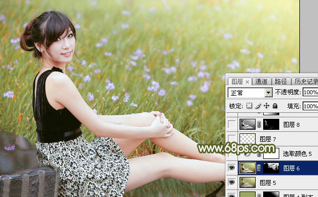 Photoshop调出唯美的黄绿阳光色花丛中美女图片