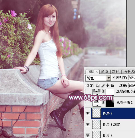 Photoshop为花边的美女加上唯美的紫褐色