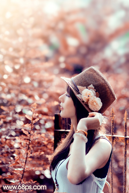 Photoshop为绿树边的美女加上浓烈的秋季阳光色