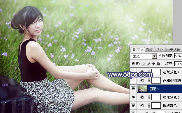 Photoshop为草地边的美女加上梦幻的淡绿色