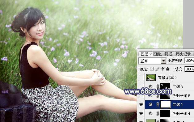 Photoshop为草地边的美女加上梦幻的淡绿色