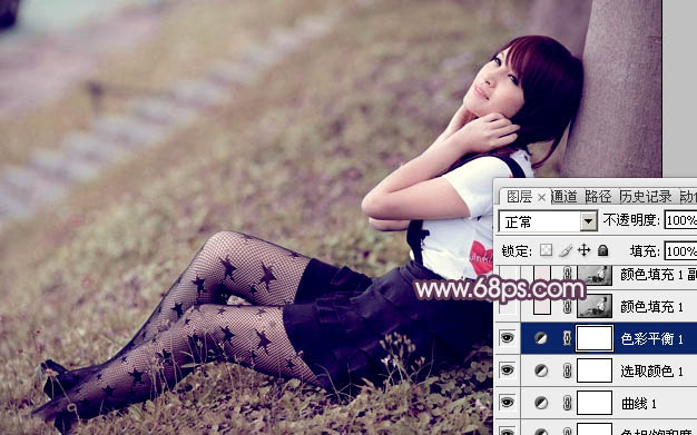 Photoshop为草地上的美女加上怀旧的中性红褐色