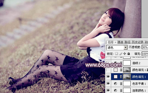 Photoshop为草地上的美女加上怀旧的中性红褐色