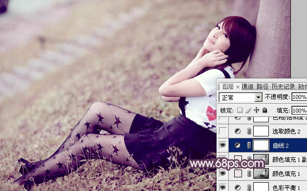 Photoshop为草地上的美女加上怀旧的中性红褐色