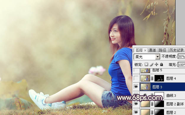 Photoshop为池塘边的美女加上唯美古典黄褐色