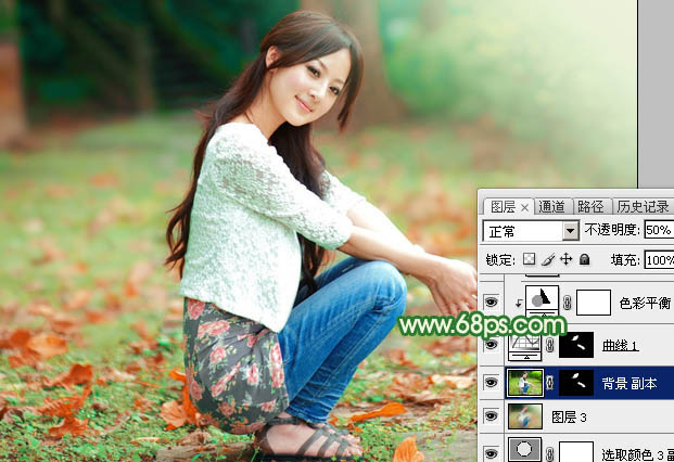 Photoshop将草地美女图片打造出唯美的橙绿色