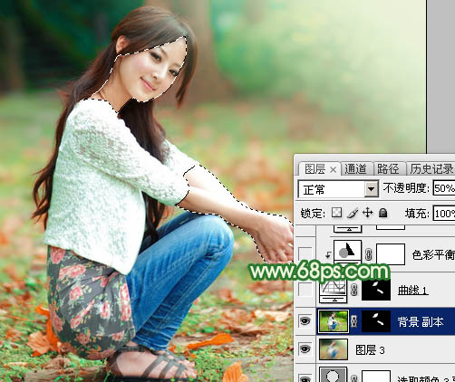 Photoshop将草地美女图片打造出唯美的橙绿色