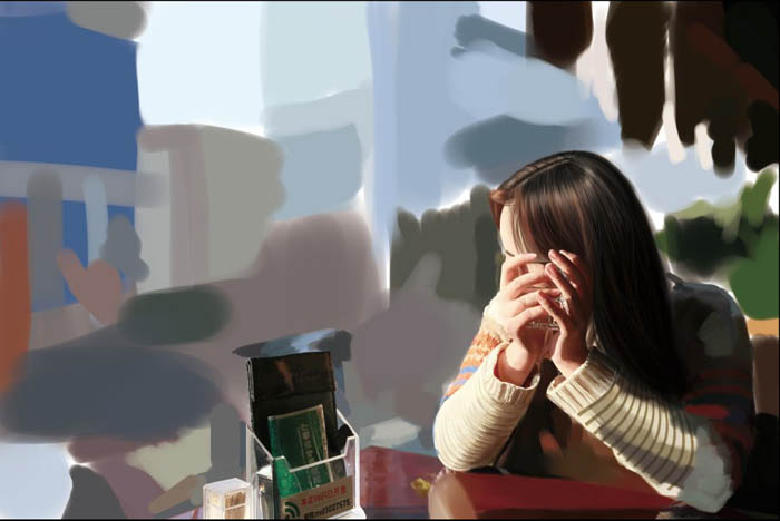 PS鼠绘在茶餐厅静静等待的美女