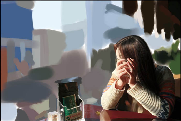 PS鼠绘在茶餐厅静静等待的美女