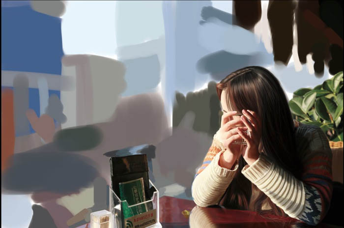 PS鼠绘在茶餐厅静静等待的美女