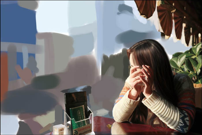 PS鼠绘在茶餐厅静静等待的美女