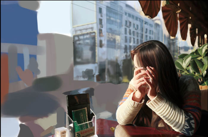 PS鼠绘在茶餐厅静静等待的美女