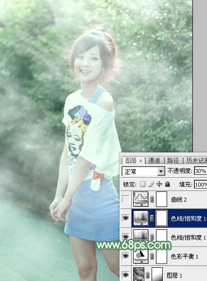 Photoshop将外景美女图片打造唯美的夏季青绿色