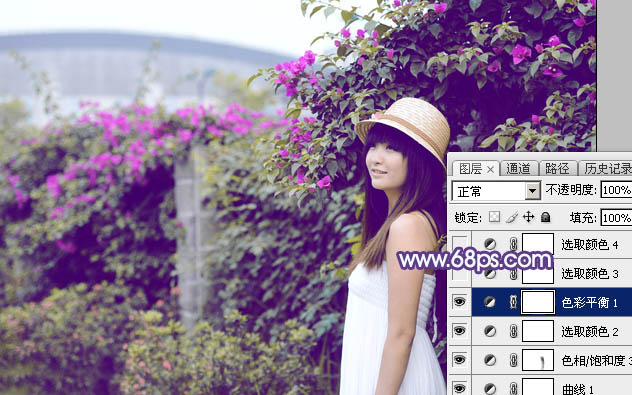 Photoshop为绿篱边的美女加上梦幻唯美的淡冷色