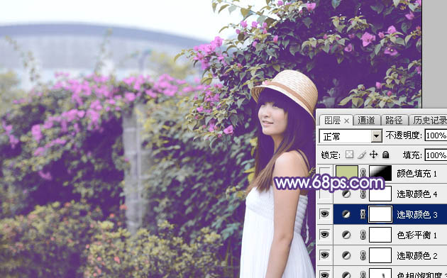 Photoshop为绿篱边的美女加上梦幻唯美的淡冷色