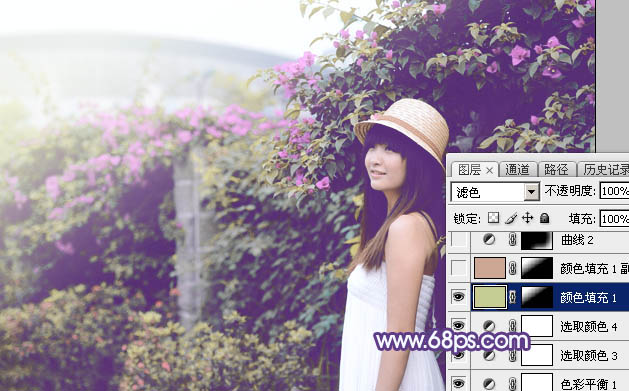 Photoshop为绿篱边的美女加上梦幻唯美的淡冷色