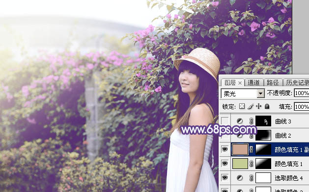 Photoshop为绿篱边的美女加上梦幻唯美的淡冷色