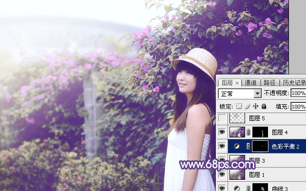 Photoshop为绿篱边的美女加上梦幻唯美的淡冷色