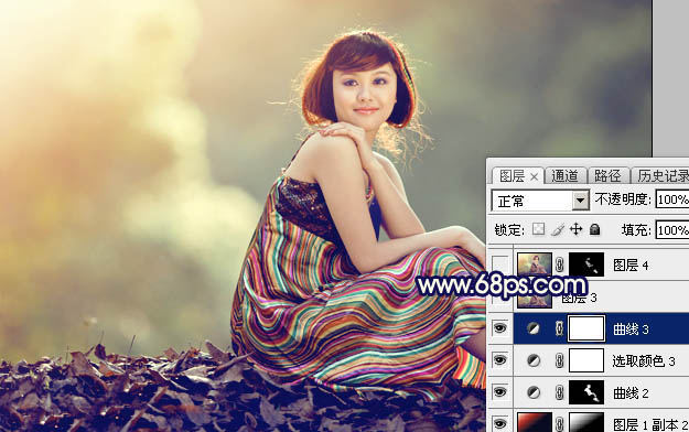 Photoshop为秋季山坡上的美女加上暖暖的黄蓝色