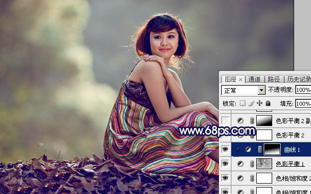 Photoshop为秋季山坡上的美女加上暖暖的黄蓝色