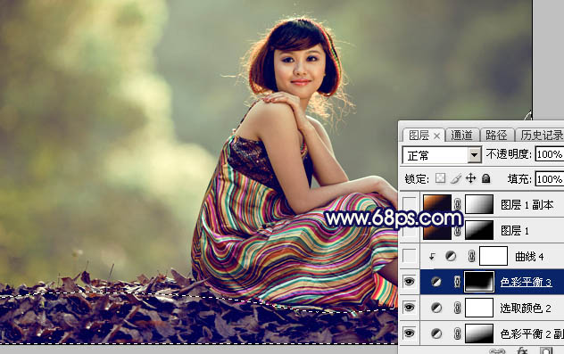 Photoshop为秋季山坡上的美女加上暖暖的黄蓝色