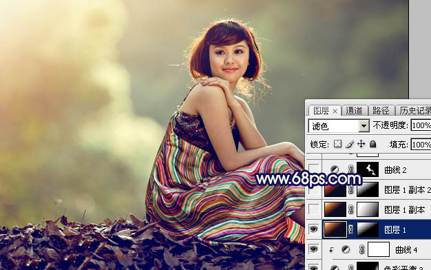 Photoshop为秋季山坡上的美女加上暖暖的黄蓝色