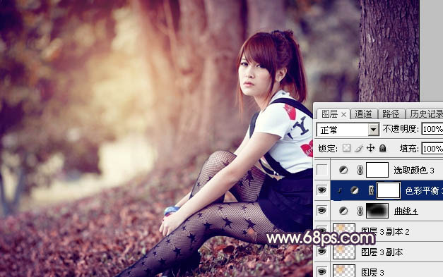 Photoshop将树林中的美女加上柔美的秋季晨曦色