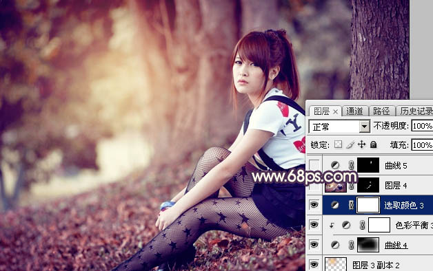 Photoshop将树林中的美女加上柔美的秋季晨曦色