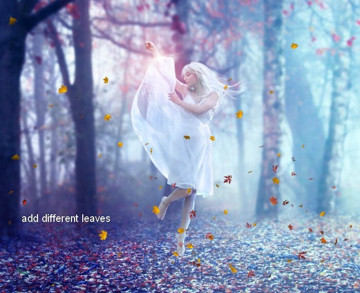 PS合成在唯美的秋色树林中舞动的白衣美女