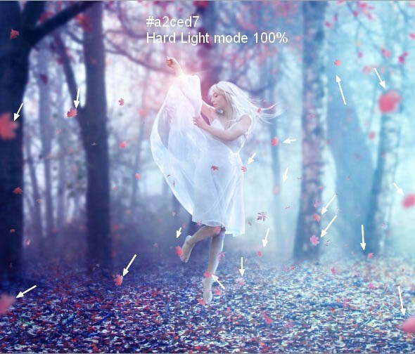 PS合成在唯美的秋色树林中舞动的白衣美女