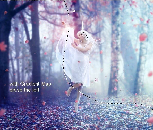 PS合成在唯美的秋色树林中舞动的白衣美女