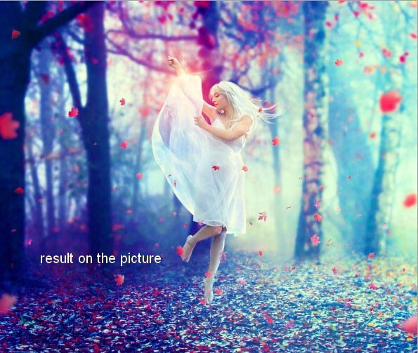 PS合成在唯美的秋色树林中舞动的白衣美女