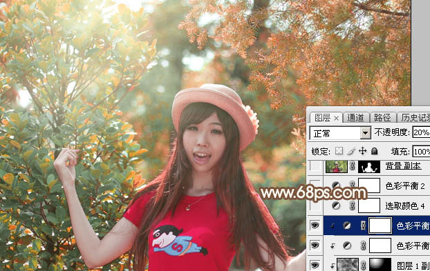 Photoshop为绿叶中的人物加上唯美的秋季橙红色