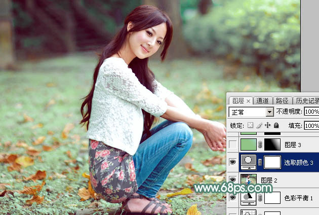 Photoshop为蹲坐在空地上的美女加上甜美的粉绿色