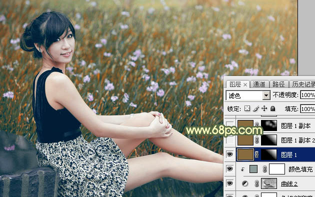 Photoshop为草地上的美女加上古典暗调青黄色