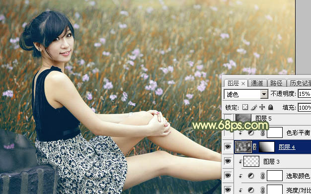 Photoshop为草地上的美女加上古典暗调青黄色