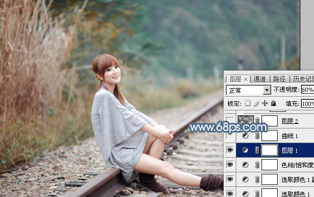 Photoshop为铁轨上的美女调制出梦幻的淡蓝色