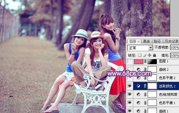 Photoshop将公园美女图片打造唯美梦幻的粉紫色