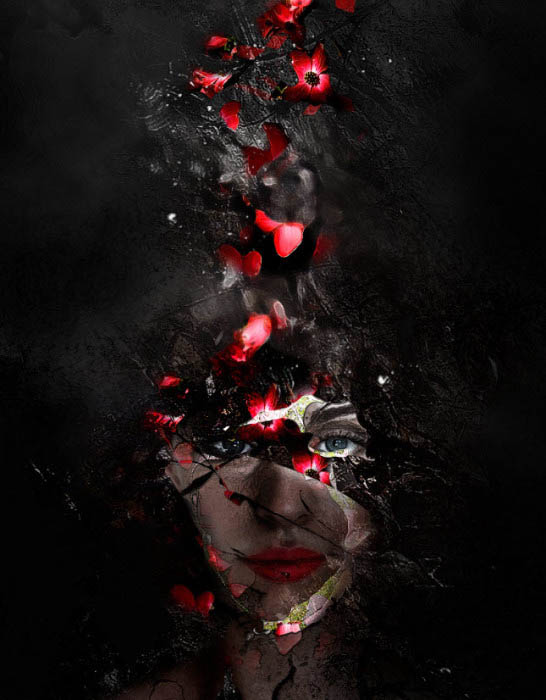 Photoshop打造颓废创意的金色鲜花人像海报