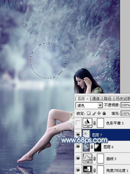 Photoshop打造出唯美的秋季青蓝色塘边的美女图片