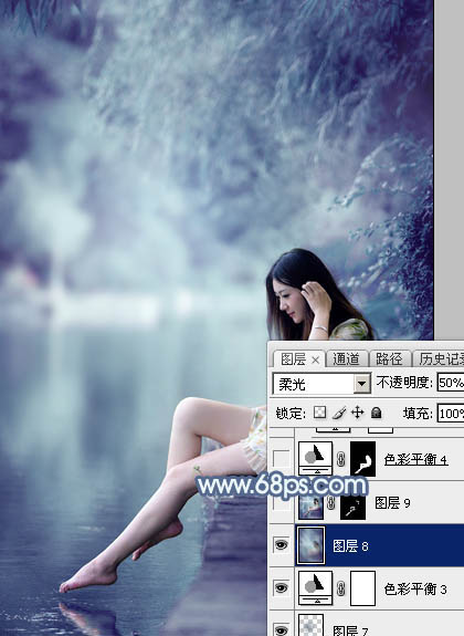 Photoshop打造出唯美的秋季青蓝色塘边的美女图片