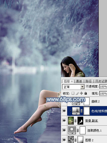 Photoshop打造出唯美的秋季青蓝色塘边的美女图片