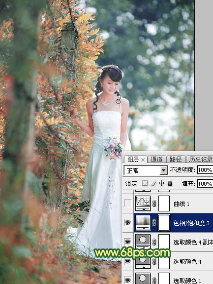 Photoshop调制出甜美的橙绿色树林婚片
