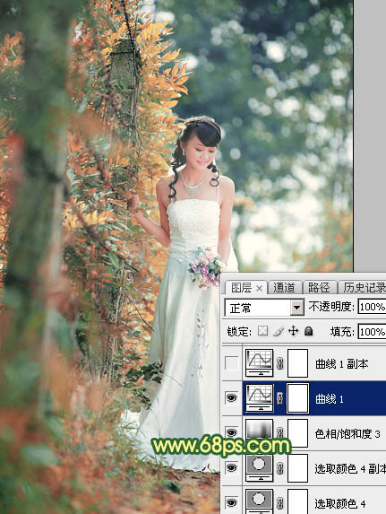 Photoshop调制出甜美的橙绿色树林婚片