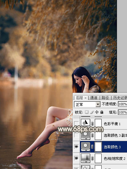 Photoshop为水边的美女图片加上暗调金秋色