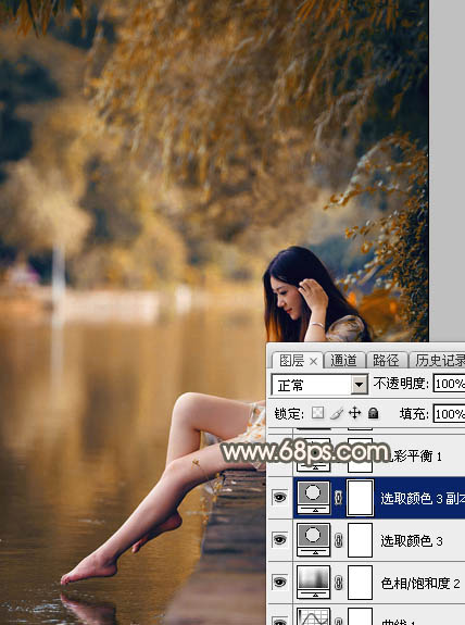 Photoshop为水边的美女图片加上暗调金秋色